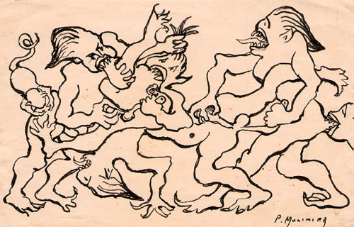 Pierre Molinier - Le combat des cros-magnons - 1949 ink on paper